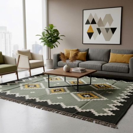 Handmade Multicolor Jute Vintage Dhurrie For Living Room